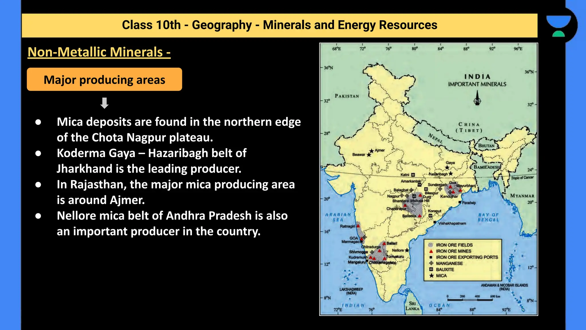 ● Mica deposits are found in the northern edge
of the Chota Nagpur plateau.
● Koderma Gaya – Hazaribagh belt of
Jharkhand is the leading producer.
● In Rajasthan, the major mica producing area
is around Ajmer.
● Nellore mica belt of Andhra Pradesh is also
an important producer in the country.
Class 10th - Geography - Minerals and Energy Resources
Non-Metallic Minerals -
Major producing areas
 
