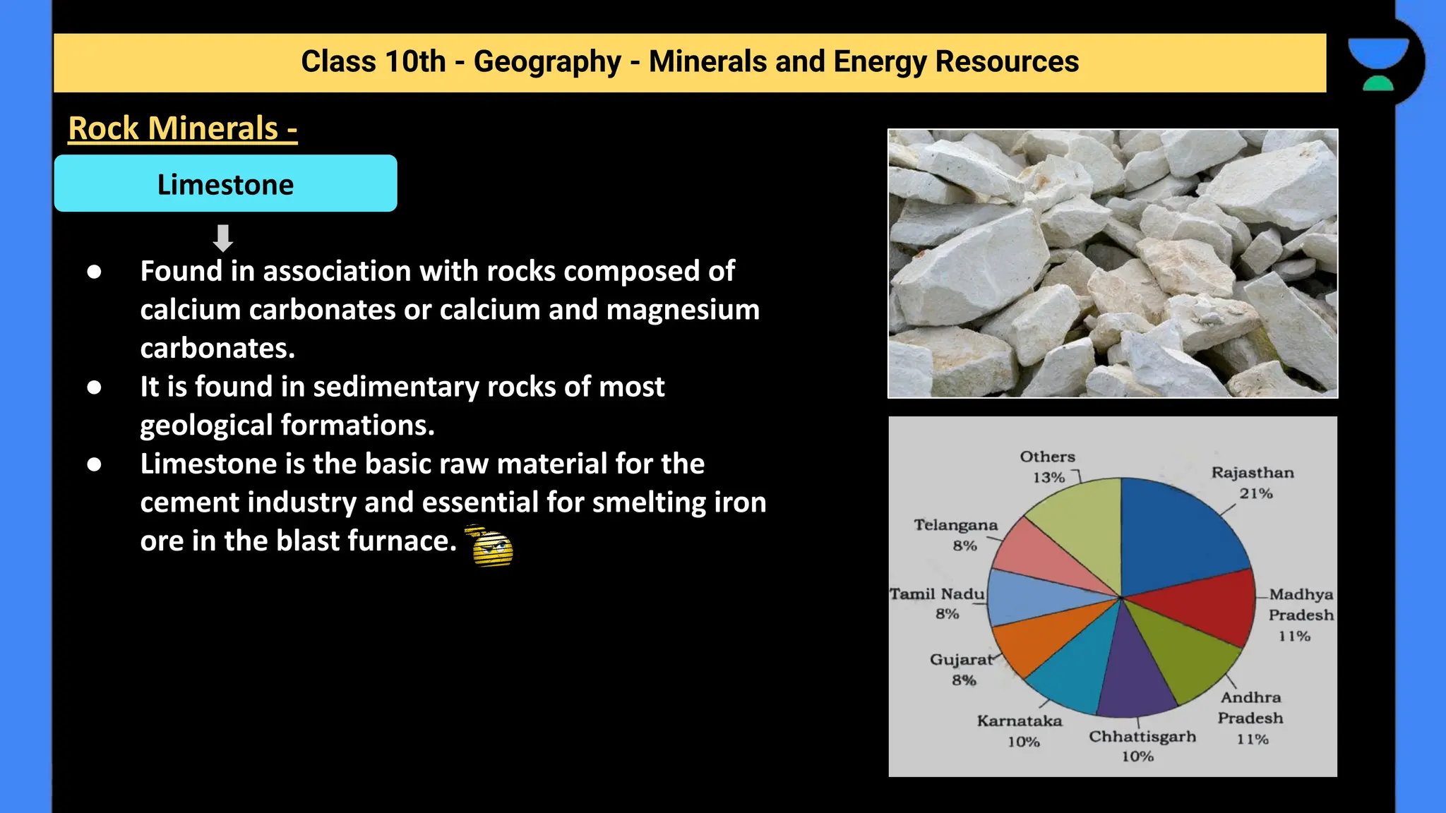 ● Found in association with rocks composed of
calcium carbonates or calcium and magnesium
carbonates.
● It is found in sedimentary rocks of most
geological formations.
● Limestone is the basic raw material for the
cement industry and essential for smelting iron
ore in the blast furnace.
Class 10th - Geography - Minerals and Energy Resources
Rock Minerals -
Limestone
 