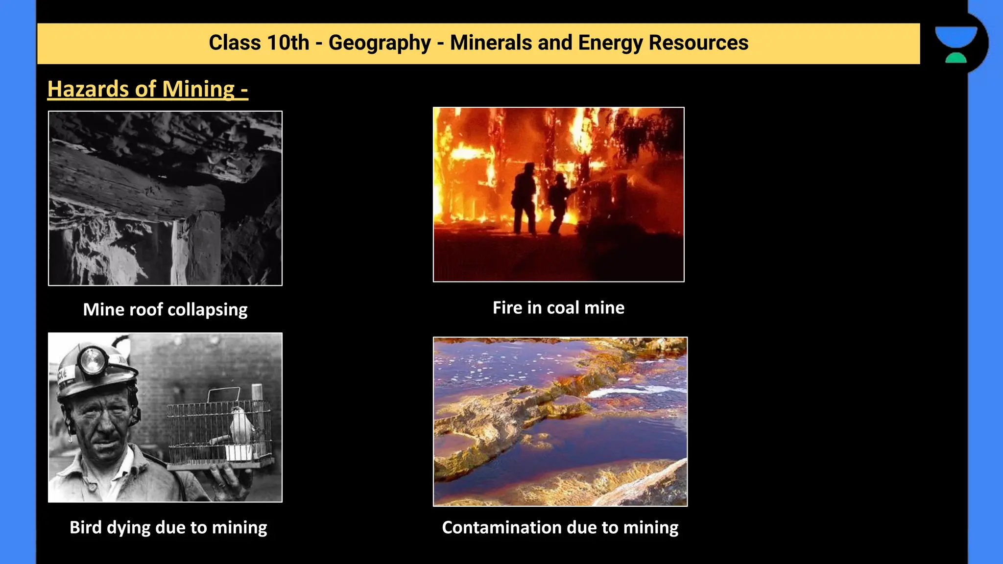 Class 10th - Geography - Minerals and Energy Resources
Hazards of Mining -
Mine roof collapsing Fire in coal mine
Bird dying due to mining Contamination due to mining
 
