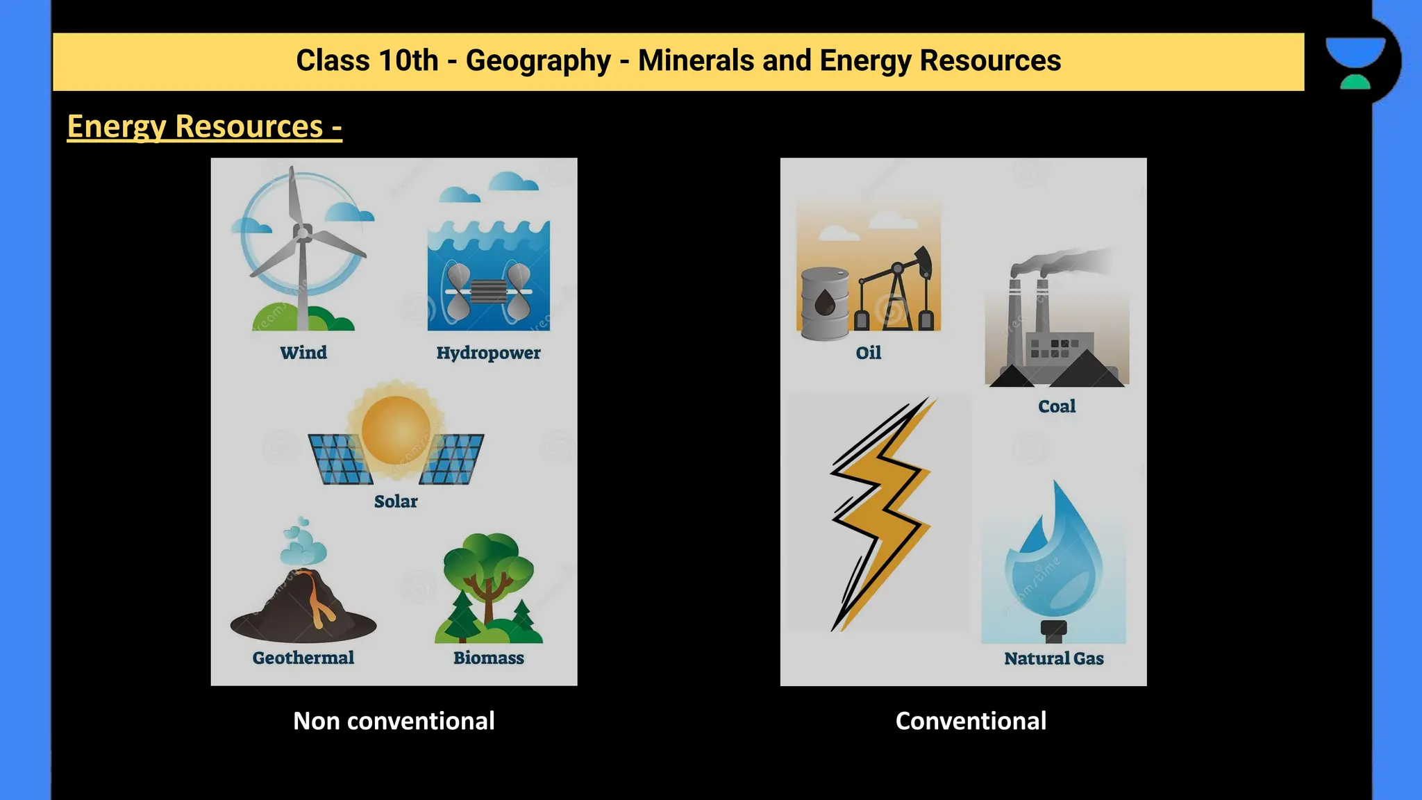 Class 10th - Geography - Minerals and Energy Resources
Energy Resources -
Conventional
Non conventional
 