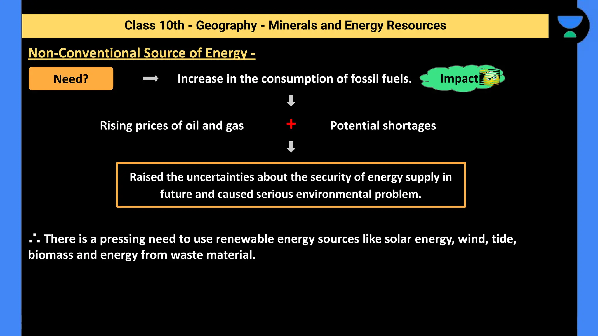 Increase in the consumption of fossil fuels.
Rising prices of oil and gas + Potential shortages
∴ There is a pressing need to use renewable energy sources like solar energy, wind, tide,
biomass and energy from waste material.
Class 10th - Geography - Minerals and Energy Resources
Non-Conventional Source of Energy -
Need? Impact
Raised the uncertainties about the security of energy supply in
future and caused serious environmental problem.
 