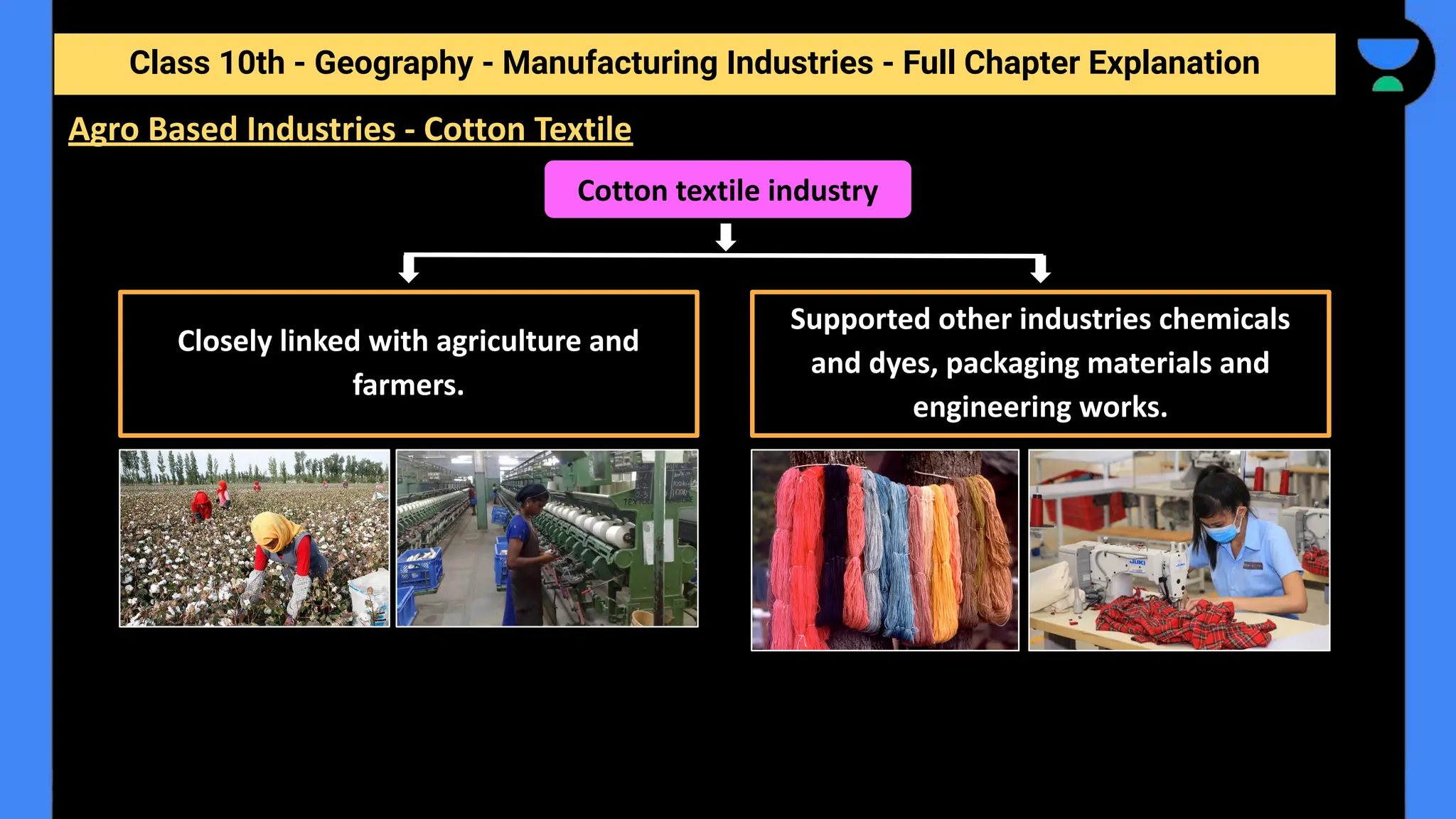 Class 10th - Geography - Manufacturing Industries - Full Chapter Explanation
Cotton textile industry
Closely linked with agriculture and
farmers.
Supported other industries chemicals
and dyes, packaging materials and
engineering works.
Agro Based Industries - Cotton Textile
 