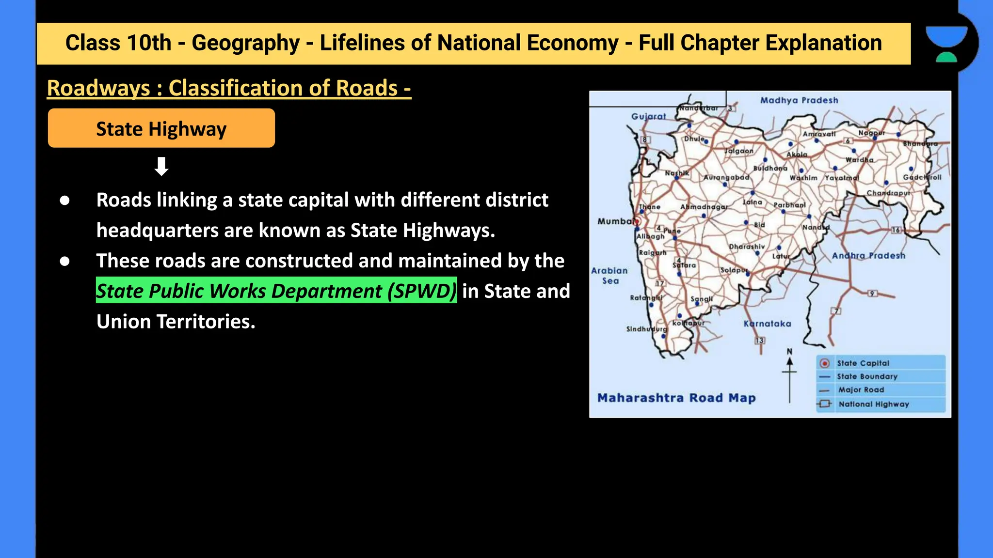 Class 10th - Geography - Lifelines of National Economy - Full Chapter Explanation
● Roads linking a state capital with different district
headquarters are known as State Highways.
● These roads are constructed and maintained by the
State Public Works Department (SPWD) in State and
Union Territories.
State Highway
Roadways : Classification of Roads -
 
