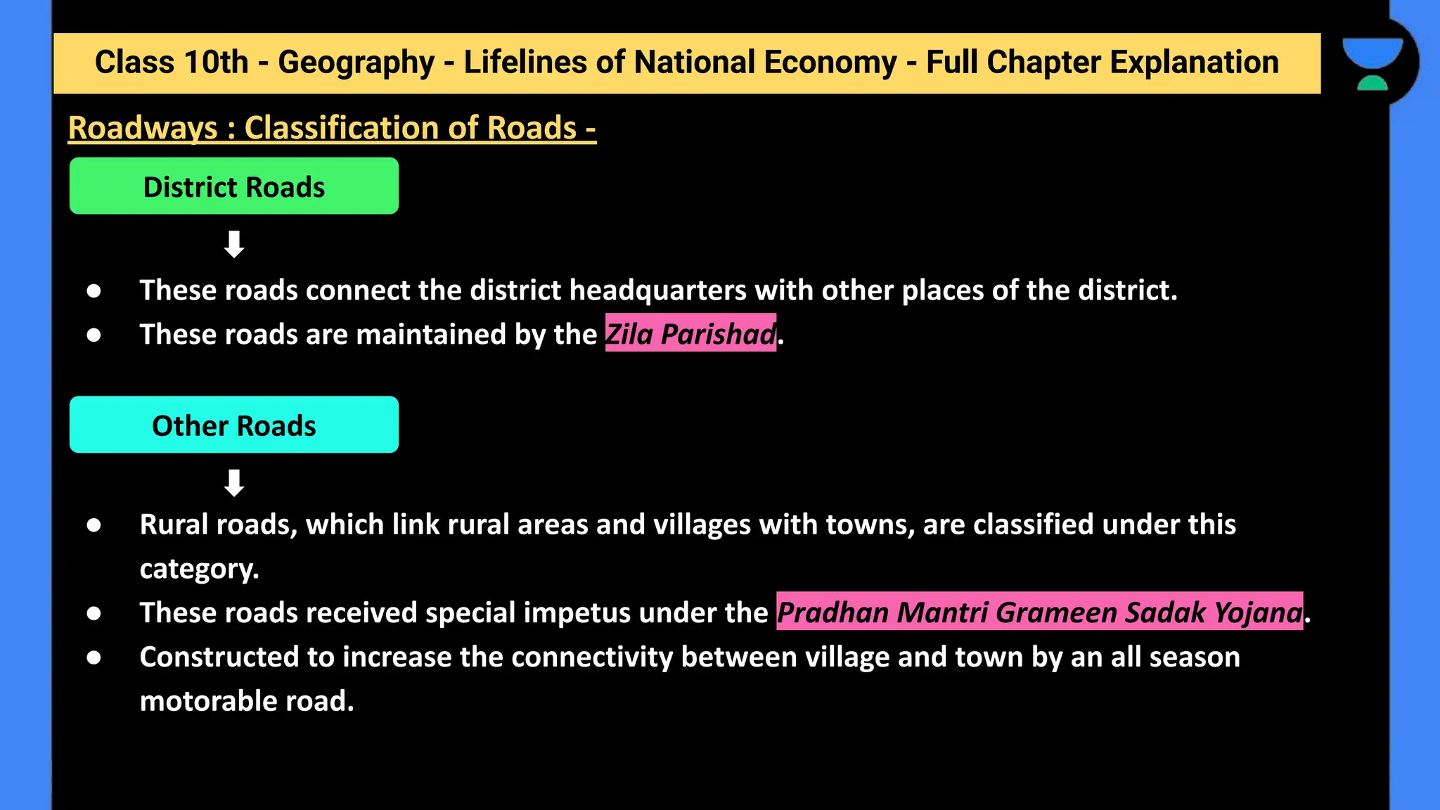 Class 10th - Geography - Lifelines of National Economy - Full Chapter Explanation
● These roads connect the district headquarters with other places of the district.
● These roads are maintained by the Zila Parishad.
● Rural roads, which link rural areas and villages with towns, are classified under this
category.
● These roads received special impetus under the Pradhan Mantri Grameen Sadak Yojana.
● Constructed to increase the connectivity between village and town by an all season
motorable road.
District Roads
Other Roads
Roadways : Classification of Roads -
 