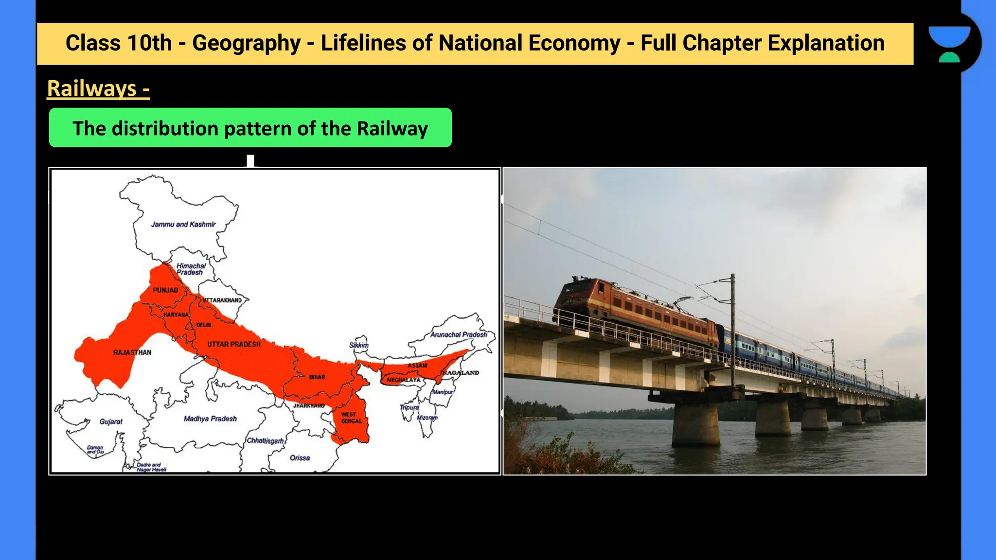 Class 10th - Geography - Lifelines of National Economy - Full Chapter Explanation
Largely influenced by physiographic, economic and administrative factors.
● Vast level land, high population density and rich agricultural resources provided the most
favourable condition for their growth.
● However, a large number of rivers requiring construction of bridges across their wide beds
posed some obstacles.
Railways -
The distribution pattern of the Railway
Northern Plain
 