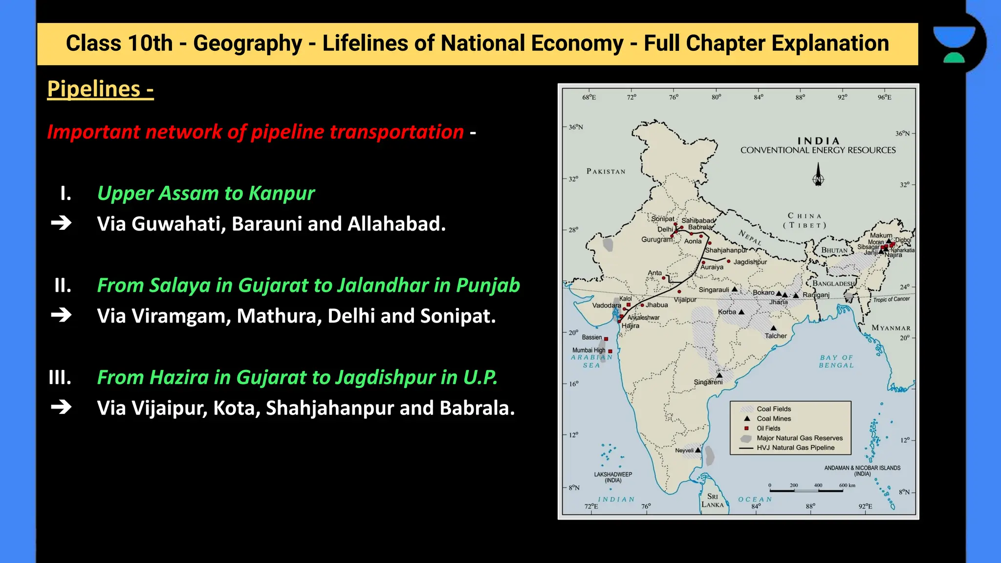 Class 10th - Geography - Lifelines of National Economy - Full Chapter Explanation
Important network of pipeline transportation -
I. Upper Assam to Kanpur
➔ Via Guwahati, Barauni and Allahabad.
II. From Salaya in Gujarat to Jalandhar in Punjab
➔ Via Viramgam, Mathura, Delhi and Sonipat.
III. From Hazira in Gujarat to Jagdishpur in U.P.
➔ Via Vijaipur, Kota, Shahjahanpur and Babrala.
Pipelines -
 