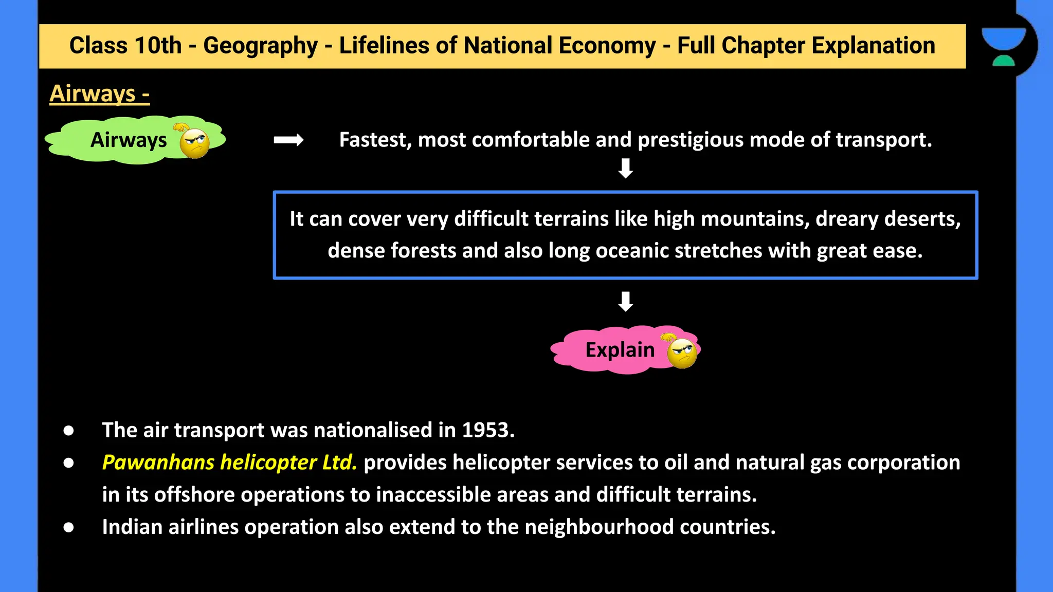 Class 10th - Geography - Lifelines of National Economy - Full Chapter Explanation
Fastest, most comfortable and prestigious mode of transport.
● The air transport was nationalised in 1953.
● Pawanhans helicopter Ltd. provides helicopter services to oil and natural gas corporation
in its offshore operations to inaccessible areas and difficult terrains.
● Indian airlines operation also extend to the neighbourhood countries.
Airways -
Airways
It can cover very difficult terrains like high mountains, dreary deserts,
dense forests and also long oceanic stretches with great ease.
Explain
 