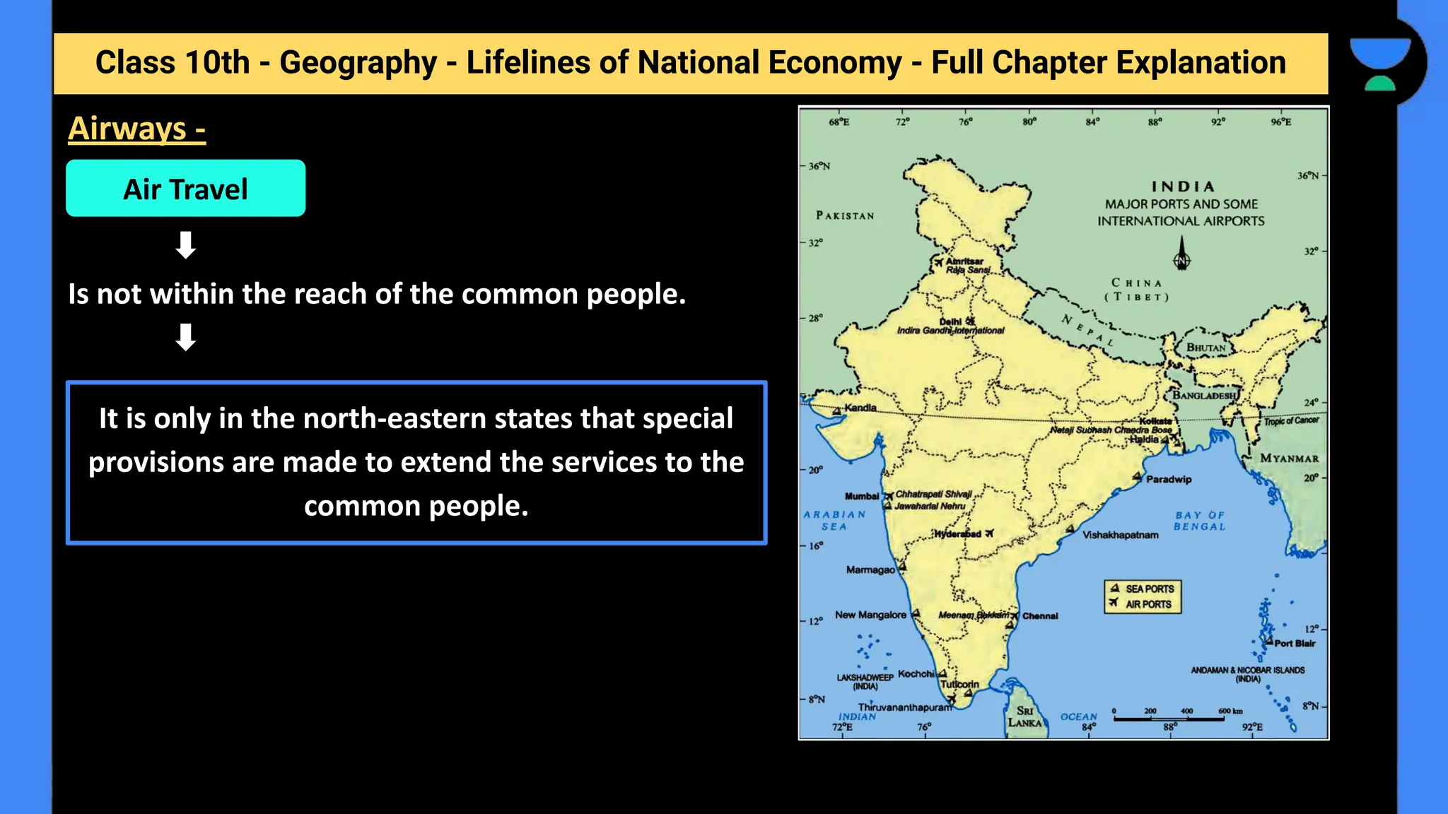 Class 10th - Geography - Lifelines of National Economy - Full Chapter Explanation
Is not within the reach of the common people.
Airways -
Air Travel
It is only in the north-eastern states that special
provisions are made to extend the services to the
common people.
 