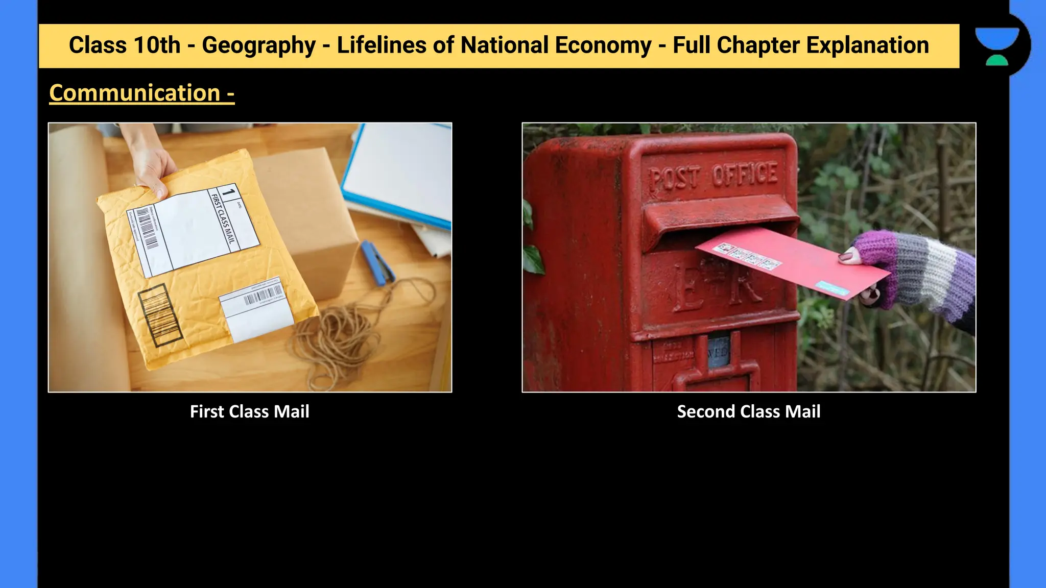 Class 10th - Geography - Lifelines of National Economy - Full Chapter Explanation
Communication -
First Class Mail Second Class Mail
 