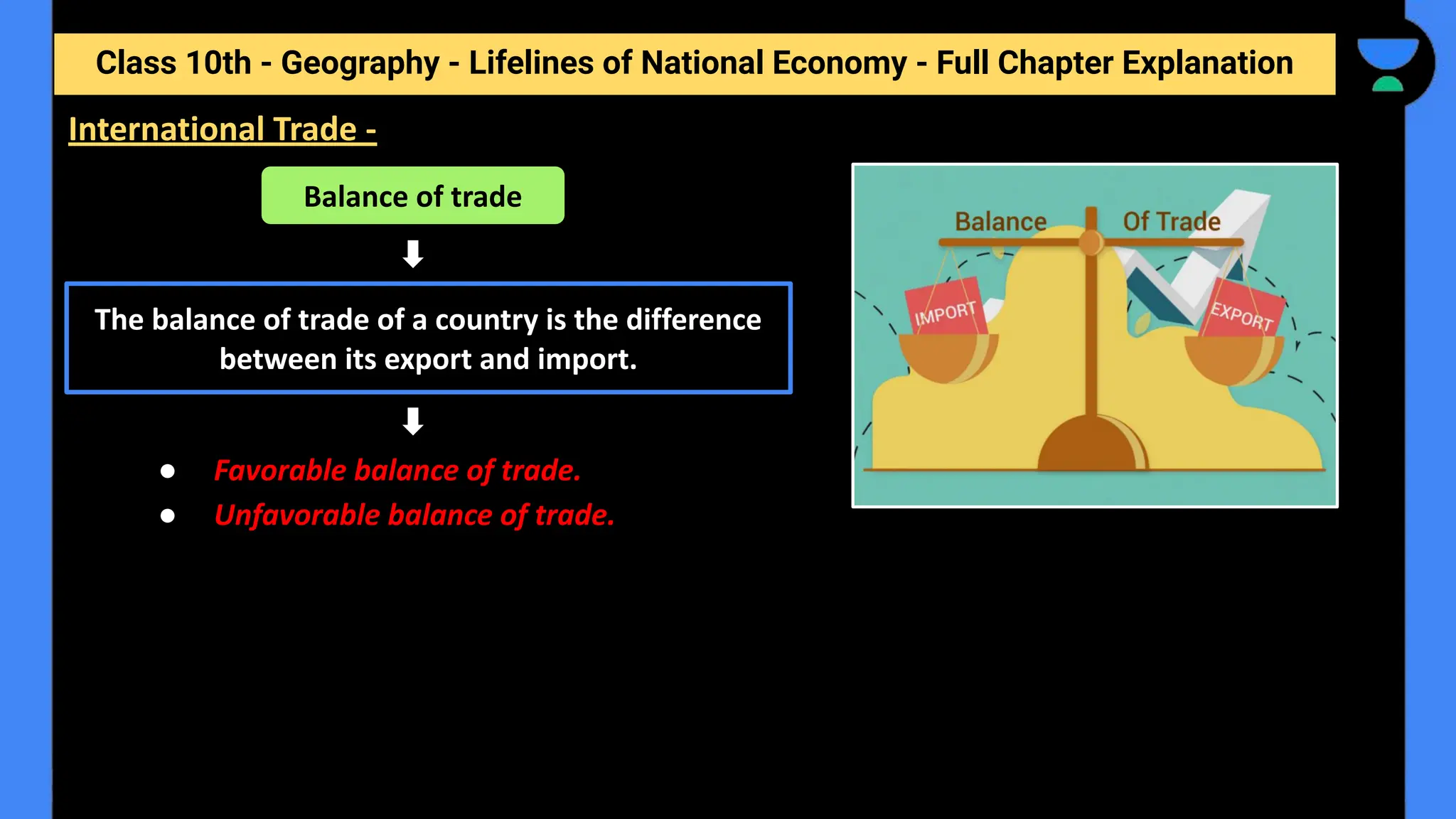 Class 10th - Geography - Lifelines of National Economy - Full Chapter Explanation
● Favorable balance of trade.
● Unfavorable balance of trade.
International Trade -
Balance of trade
The balance of trade of a country is the difference
between its export and import.
 