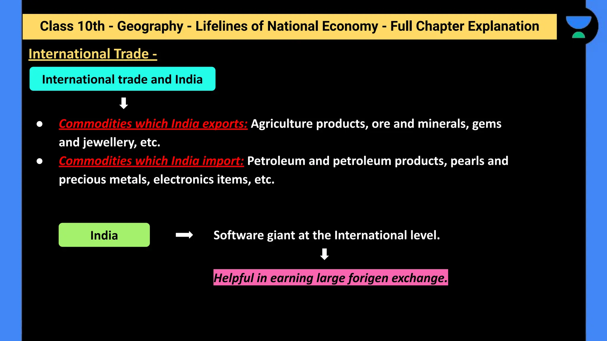Class 10th - Geography - Lifelines of National Economy - Full Chapter Explanation
● Commodities which India exports: Agriculture products, ore and minerals, gems
and jewellery, etc.
● Commodities which India import: Petroleum and petroleum products, pearls and
precious metals, electronics items, etc.
Software giant at the International level.
Helpful in earning large forigen exchange.
International Trade -
International trade and India
India
 