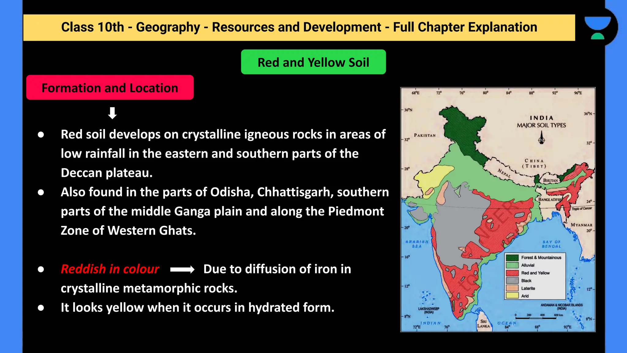 Class 10th - Geography - Resources and Development - Full Chapter Explanation
● Red soil develops on crystalline igneous rocks in areas of
low rainfall in the eastern and southern parts of the
Deccan plateau.
● Also found in the parts of Odisha, Chhattisgarh, southern
parts of the middle Ganga plain and along the Piedmont
Zone of Western Ghats.
● Reddish in colour Due to diffusion of iron in
crystalline metamorphic rocks.
● It looks yellow when it occurs in hydrated form.
Red and Yellow Soil
Formation and Location
 
