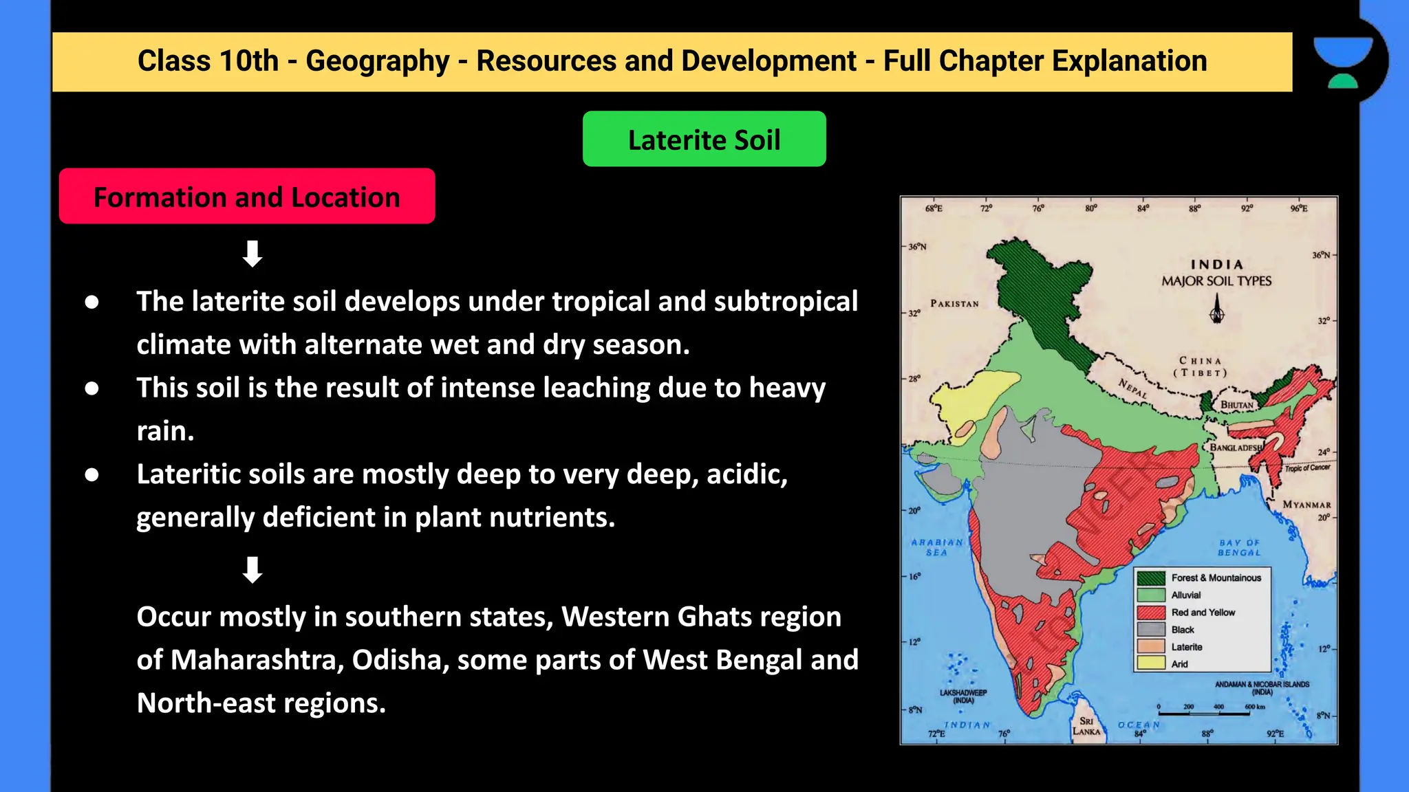 Class 10th - Geography - Resources and Development - Full Chapter Explanation
● The laterite soil develops under tropical and subtropical
climate with alternate wet and dry season.
● This soil is the result of intense leaching due to heavy
rain.
● Lateritic soils are mostly deep to very deep, acidic,
generally deficient in plant nutrients.
Occur mostly in southern states, Western Ghats region
of Maharashtra, Odisha, some parts of West Bengal and
North-east regions.
Laterite Soil
Formation and Location
 