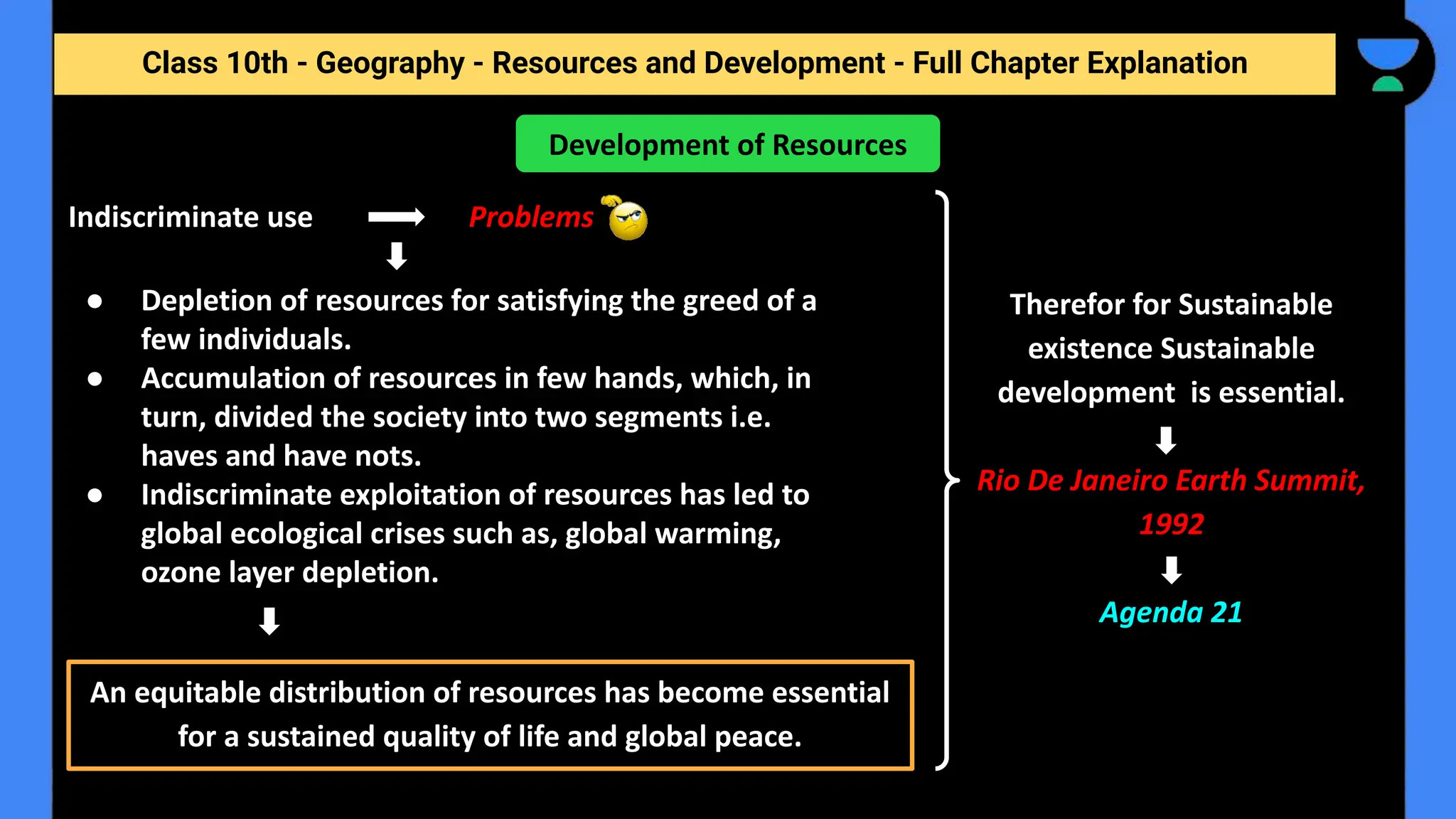Class 10th - Geography - Resources and Development - Full Chapter Explanation
Indiscriminate use Problems
● Depletion of resources for satisfying the greed of a
few individuals.
● Accumulation of resources in few hands, which, in
turn, divided the society into two segments i.e.
haves and have nots.
● Indiscriminate exploitation of resources has led to
global ecological crises such as, global warming,
ozone layer depletion.
Development of Resources
An equitable distribution of resources has become essential
for a sustained quality of life and global peace.
Therefor for Sustainable
existence Sustainable
development is essential.
Rio De Janeiro Earth Summit,
1992
Agenda 21
 