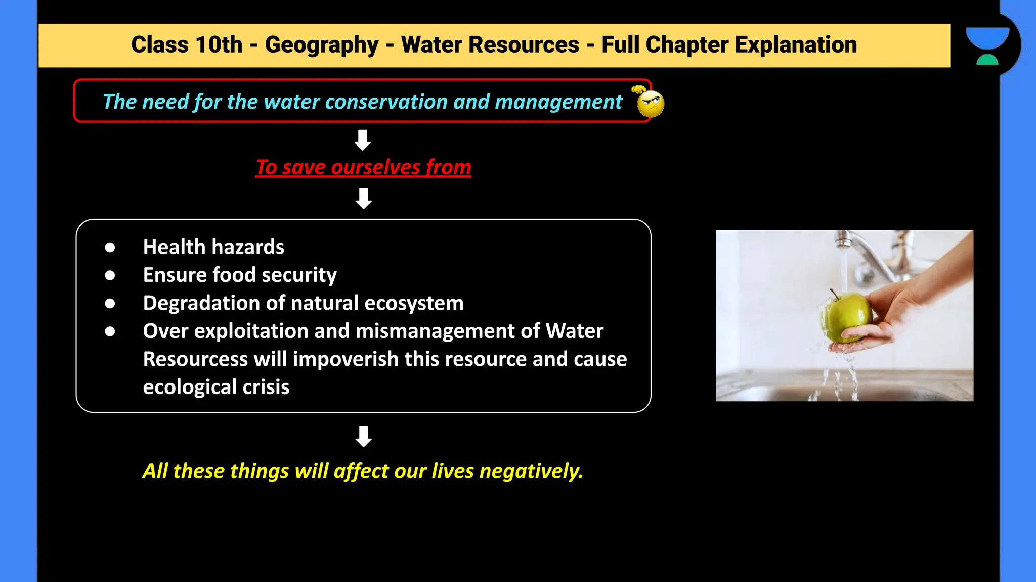 Class 10th - Geography - Forest and Wildlife Resources - Full Chapter Explanation
To save ourselves from
The need for the water conservation and management
Class 10th - Geography - Water Resources - Full Chapter Explanation
All these things will affect our lives negatively.
● Health hazards
● Ensure food security
● Degradation of natural ecosystem
● Over exploitation and mismanagement of Water
Resourcess will impoverish this resource and cause
ecological crisis
 