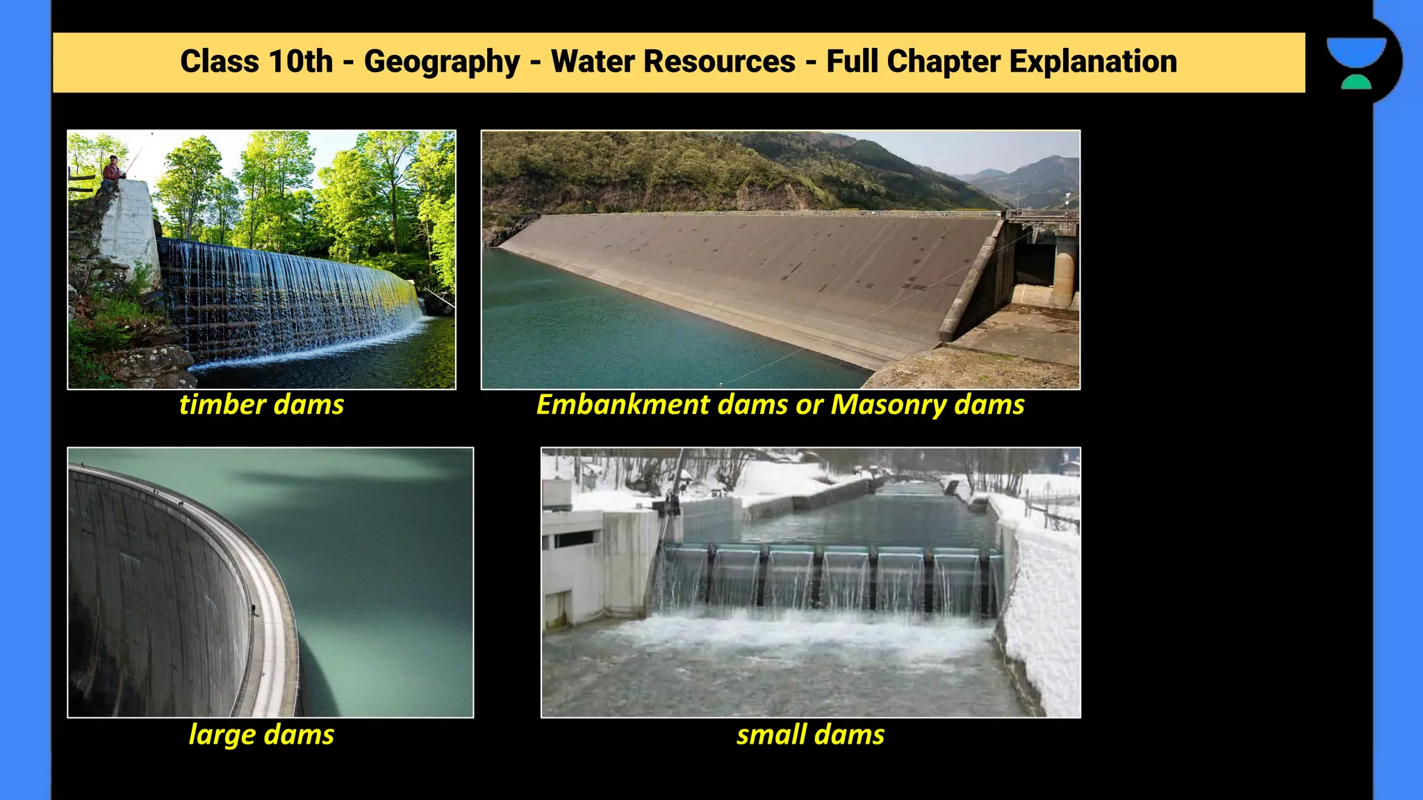 Class 10th - Geography - Forest and Wildlife Resources - Full Chapter Explanation
Class 10th - Geography - Water Resources - Full Chapter Explanation
timber dams Embankment dams or Masonry dams
large dams small dams
 
