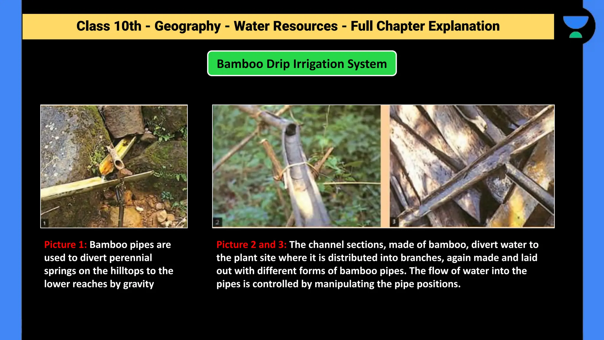 Class 10th - Geography - Forest and Wildlife Resources - Full Chapter Explanation
Bamboo Drip Irrigation System
Class 10th - Geography - Water Resources - Full Chapter Explanation
Picture 1: Bamboo pipes are
used to divert perennial
springs on the hilltops to the
lower reaches by gravity
Picture 2 and 3: The channel sections, made of bamboo, divert water to
the plant site where it is distributed into branches, again made and laid
out with different forms of bamboo pipes. The flow of water into the
pipes is controlled by manipulating the pipe positions.
 