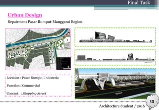 Repairment Pasar Rumput-Manggarai Region
Final Task
Urban Design
Architecture Student / 2016
15
Location : Pasar Rumput, Indonesia
Function : Commercial
Concept : Shopping Street
 