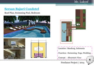 Roof Plan, Swimming Pool, Bedroom
Mr. Lukysf
Sersan Bajuri Condotel
Freelance Project / 2014
Location : Bandung, Indonesia
Function : Swimming, Yoga, Wedding
Concept : Mountain View
6
 