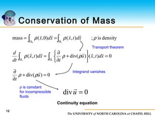 The UNIVERSITY of NORTH CAROLINA at CHAPEL HILL
12
Conservation of Mass
densityis;),()0,(mass
0
ρρρ ∫∫ ΩΩ
==
t
xdtxxdx

0),()div(),( =






+
∂
∂
=∫ ∫Ω Ω
xdtxu
t
xdtx
dt
d
t t

ρρρ
0)div( =+
∂
∂
u
t

ρρ
Transport theorem
0div =u

Integrand vanishes
ρ is constant
for incompressible
fluids
Continuity equation
 