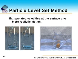 The UNIVERSITY of NORTH CAROLINA at CHAPEL HILL
17
Particle Level Set Method
Extrapolated velocities at the surface give
more realistic motion.
 