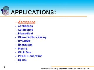 The UNIVERSITY of NORTH CAROLINA at CHAPEL HILL
APPLICATIONS:
– Aerospace
– Appliances
– Automotive
– Biomedical
– Chemical Processing
– HVAC&R
– Hydraulics
– Marine
– Oil & Gas
– Power Generation
– Sports
3
 