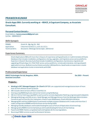 1
PRAWEENKUMAR
Oracle Apps DBA. Currently working at – KBACE,A Cognizant Company, as Associate
Consultant.
Personal Contact Details:-
Email Address:-kumar.praween88@gmail.com
Cell No:- 08904503537
Skills Synopsis
RDBMS: Oracle 9i, 10g,11g,12c, RAC
Application: E-BusinessSuite12.1.x,12.0,11i,12.2.x
Technical Skills: Discoverer,WebLogicServer,Apex ,SOA Server
Experience Summary
Oracle ApplicationsDBA withmore than 2.8 yearsof experience withgoodhandsoninadministrationof Oracle
Databasesthat includesinstallation,configuration,cloning,upgrades,andmigrationacrossvariousplatforms.
Expertise inOracle E-BusinessSuitethatincludesInstallation,configuration,maintenance,migrationand
upgradingof Oracle Apps11i / R12/ R122 across variousplatforms,remote administration,cloningandpatch
applicationon Linux ,RedhatLinux,SunSolarisandotherUNIXplatforms.Goodhands onexperience inoracle
database real applicationclusterenvironmentswithASM.
Professional Experience
KBACE Technologies Pvt Ltd, Bangalore, INDIA. Dec 2013 – Present
Associate Consultant
Projects:-
 Workingin 24*7 Managed Support. 15+ Client’s ERPDB’s are supportedandmanagedacrossteam of more
than 25 fromoffshore aswell asOnsite.
 EBS includeslatestversionsof R12.2.3 and R12.2.4.
 CloningusingRMAN Duplicate andnormal restore usingHotBackup.
 EBS 12.2 Online PatchingusingADOPaswell asearlierversionsApplicationPatchingusing Autopatch(Adpatch).
 Managing WebLogicandSOA servers.Node Managerand ManagedServersfromthe WebLogicAdministration
Console as well asfromthe Unix Subsystem, Oracle FusionMiddleware,Oracle SOA Administration.
 Managing RACand Grid (ASM+Oracle Clusterware) multiple InstancesDatabase with2nodesandmore than 2
nodesconfiguration.RDBMSandGridrelease versionbeing11GR2.
 Managing Standbydatabases andtroubleshootingthe cause of failure of Applicationof archivedlogs.
 Managing dailyRMAN incremental backupsandtroubleshootingthe failure of rmanbackup.
 Payroll andHRMS PatchesusingDataInstall andhrglobal.drvfornew legislations.
 Bouncingof MWA servicesaswell asDiscovererServices.
 