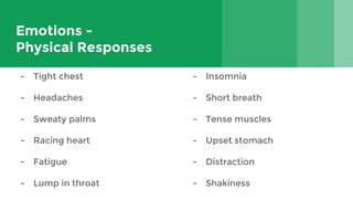 Emotions -
Physical Responses
- Tight chest
- Headaches
- Sweaty palms
- Racing heart
- Fatigue
- Lump in throat
- Insomnia
- Short breath
- Tense muscles
- Upset stomach
- Distraction
- Shakiness
 