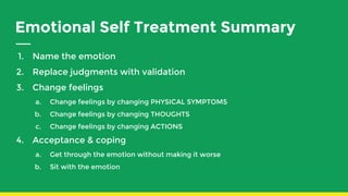 Emotional Self Treatment Summary
1. Name the emotion
2. Replace judgments with validation
3. Change feelings
a. Change feelings by changing PHYSICAL SYMPTOMS
b. Change feelings by changing THOUGHTS
c. Change feelings by changing ACTIONS
4. Acceptance & coping
a. Get through the emotion without making it worse
b. Sit with the emotion
 