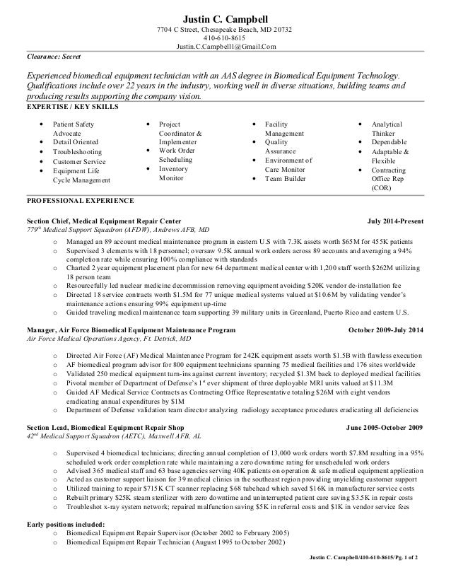 justin c campbell service technician resume biomedical technician resumes