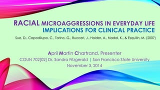 RACIAL MICROAGGRESSIONS IN EVERYDAY LIFE
IMPLICATIONS FOR CLINICAL PRACTICE
April Martin Chartrand, Presenter
COUN 702[02] Dr. Sandra Fitzgerald | San Francisco State University
November 3, 2014
Sue, D., Capodilupo, C., Torino, G., Bucceri, J., Holder, A., Nadal, K., & Esquilin, M. (2007)
 
