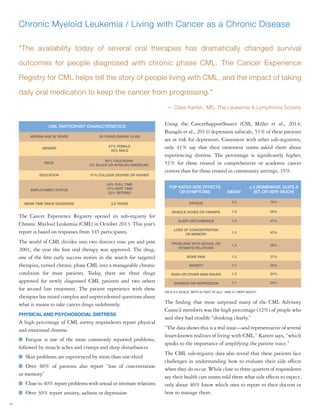 14
“The availability today of several oral therapies has dramatically changed survival
outcomes for people diagnosed with chronic phase CML. The Cancer Experience
Registry for CML helps tell the story of people living with CML, and the impact of taking
daily oral medication to keep the cancer from progressing.”
— Clare Karten, MS, The Leukemia & Lymphoma Society
The Cancer Experience Registry opened its sub-registry for
Chronic Myeloid Leukemia (CML) in October 2013. This year’s
report is based on responses from 345 participants.
The world of CML divides into two distinct eras: pre and post
2001, the year the first oral therapy was approved. The drug,
one of the first early success stories in the search for targeted
therapies, turned chronic phase CML into a manageable chronic
condition for most patients. Today, there are three drugs
approved for newly diagnosed CML patients and two others
for second line treatment. The patient experience with these
therapies has raised complex and unprecedented questions about
what it means to take cancer drugs indefinitely.
PHYSICAL AND PSYCHOSOCIAL DISTRESS
A high percentage of CML survey respondents report physical
and emotional distress.
Fatigue is one of the most commonly reported problems,
followed by muscle aches and cramps and sleep disturbances
Skin problems are experienced by more than one-third
Over 40% of patients also report “loss of concentration
or memory”
Close to 40% report problems with sexual or intimate relations
Over 30% report anxiety, sadness or depression
Using the CancerSupportSource (CSS; Miller et al., 2014;
Buzaglo et al., 2013) depression subscale, 51% of these patients
are at risk for depression. Consistent with other sub-registries,
only 41% say that their treatment teams asked them about
experiencing distress. The percentage is significantly higher,
51% for those treated in comprehensive or academic cancer
centers than for those treated in community settings, 35%.
The finding that most surprised many of the CML Advisory
Council members was the high percentage (32%) of people who
said they had trouble “thinking clearly.”
“The data shows this is a real issue—and representative of several
lesser-known realities of living with CML,” Karten says, “which
speaks to the importance of amplifying the patient voice.”
The CML sub-registry data also reveal that these patients face
challenges in understanding how to evaluate their side effects
when they do occur. While close to three quarters of respondents
say their health care teams told them what side effects to expect,
only about 40% know which ones to report to their doctors or
how to manage them.
Chronic Myeloid Leukemia / Living with Cancer as a Chronic Disease
MEDIAN AGE IN YEARS 59 YEARS (RANGE 18-85)
GENDER
67% FEMALE
33% MALE
RACE
90% CAUCASIAN
3% BLACK OR AFRICAN-AMERICAN
EDUCATION 51% COLLEGE DEGREE OR HIGHER
EMPLOYMENT STATUS
43% FULL TIME
12% PART TIME
22% RETIRED
MEAN TIME SINCE DIAGNOSIS 5.2 YEARS
CML PARTICIPANT CHARACTERISTICS
TOP RATED SIDE EFFECTS
OR SYMPTOMS
FATIGUE
MUSCLE ACHES OR CRAMPS
SLEEP DISTURBANCE
LOSS OF CONCENTRATION
OR MEMORY
PROBLEMS WITH SEXUAL OR
INTIMATE RELATIONS
BONE PAIN
ANXIETY
RASH OR OTHER SKIN ISSUES
SADNESS OR DEPRESSION
2.2
1.9
1.5
1.5
1.2
1.2
1.1
1.2
1.1
70%
59%
47%
43%
38%
37%
35%
34%
34%
MEAN*
≥ 2 (SOMEWHAT, QUITE A
BIT, OR VERY MUCH)
ON A 0-4 SCALE, WITH 0=”NOT AT ALL” AND 4=”VERY MUCH”
 