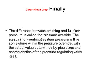 Close circuit Loop Finally
• The difference between cracking and full flow
pressure is called the pressure override. The
steady (non-working) system pressure will lie
somewhere within the pressure override, with
the actual value determined by pipe sizes and
characteristics of the pressure regulating valve
itself.
 