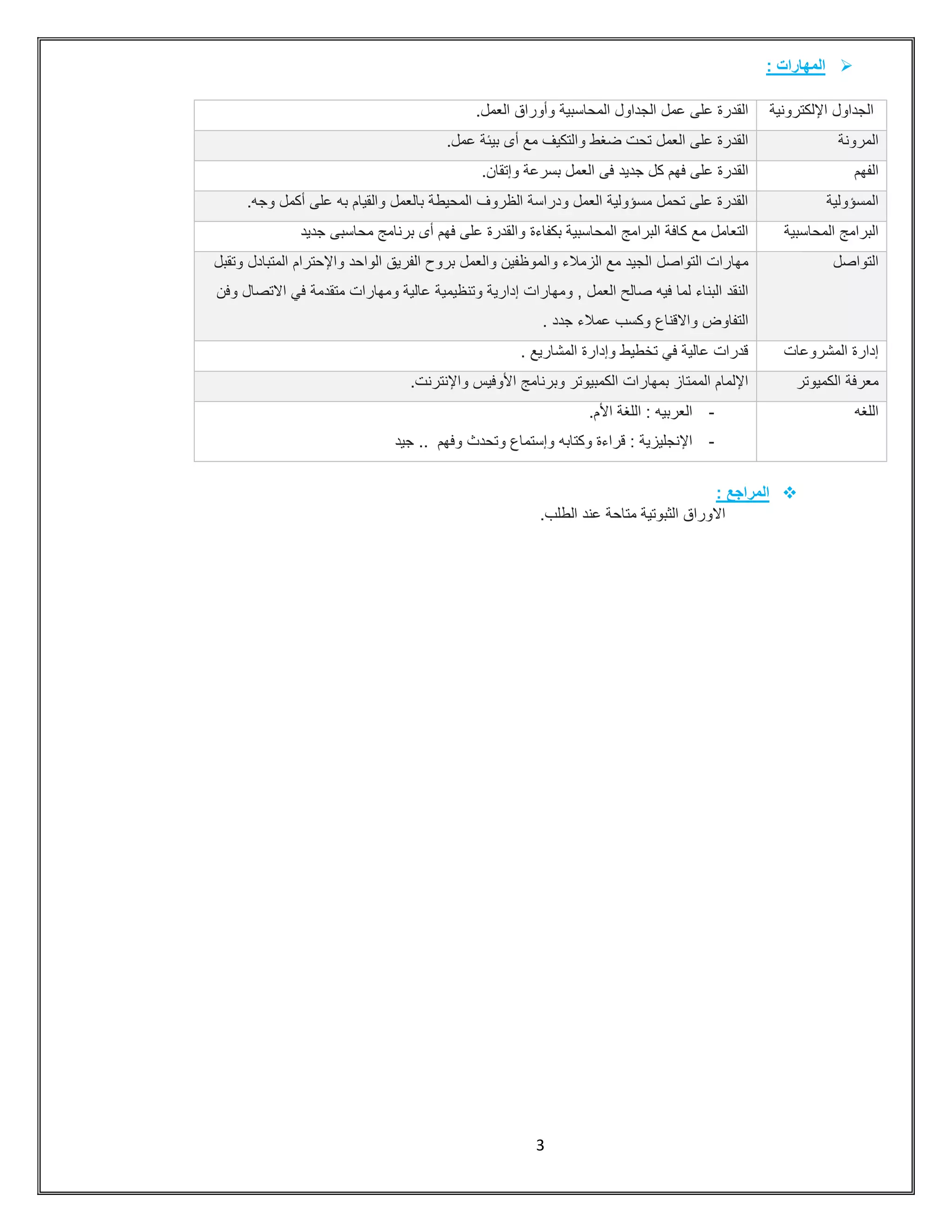 3
‫المهارات‬:
‫اإللكترونية‬ ‫الجداول‬‫و‬ ‫المحاسبية‬ ‫الجداول‬ ‫عمل‬ ‫على‬ ‫القدرة‬‫أ‬‫العمل‬ ‫وراق‬.
‫المرونة‬‫مع‬ ‫والتكيف‬ ‫ضغط‬ ‫تحت‬ ‫العمل‬ ‫على‬ ‫القدرة‬‫أ‬‫عمل‬ ‫بيئة‬ ‫ى‬.
‫الفهم‬‫على‬ ‫القدرة‬‫العمل‬ ‫فى‬ ‫جديد‬ ‫كل‬ ‫فهم‬‫وإتقان‬ ‫بسرعة‬.
‫المسؤولية‬‫وجه‬ ‫أكمل‬ ‫على‬ ‫به‬ ‫والقيام‬ ‫بالعمل‬ ‫المحيطة‬ ‫الظروف‬ ‫ودراسة‬ ‫العمل‬ ‫مسؤولية‬ ‫تحمل‬ ‫على‬ ‫القدرة‬.
‫المحاسبية‬ ‫البرامج‬‫بكفاءة‬ ‫المحاسبية‬ ‫البرامج‬ ‫كافة‬ ‫مع‬ ‫التعامل‬‫جديد‬ ‫محاسبى‬ ‫برنامج‬ ‫أى‬ ‫فهم‬ ‫على‬ ‫والقدرة‬
‫التواصل‬‫التواصل‬ ‫مهارات‬‫واإلحترام‬ ‫الواحد‬ ‫الفريق‬ ‫بروح‬ ‫والعمل‬ ‫والموظفين‬ ‫الزمالء‬ ‫مع‬ ‫الجيد‬‫وتقبل‬ ‫المتبادل‬
‫العمل‬ ‫صالح‬ ‫فيه‬ ‫لما‬ ‫البناء‬ ‫النقد‬,‫و‬‫عالية‬ ‫وتنظيمية‬ ‫إدارية‬ ‫مهارات‬‫متقدمة‬ ‫ومهارات‬‫وفن‬ ‫االتصال‬ ‫في‬
‫واالقناع‬ ‫التفاوض‬‫جدد‬ ‫عمالء‬ ‫وكسب‬.
‫المشروعات‬ ‫إدارة‬‫في‬ ‫عالية‬ ‫قدرات‬‫و‬ ‫تخطيط‬‫إدارة‬‫المشاريع‬.
‫الكميوتر‬ ‫معرفة‬‫واإلنترنت‬ ‫األوفيس‬ ‫وبرنامج‬ ‫الكمبيوتر‬ ‫بمهارات‬ ‫الممتاز‬ ‫اإللمام‬.
‫اللغه‬-‫العربيه‬:‫األم‬ ‫اللغة‬.
-‫اإلنجليزية‬:‫وفهم‬ ‫وتحدث‬ ‫وإستماع‬ ‫وكتابه‬ ‫قراءة‬..‫جيد‬
‫المراجع‬:
‫متاحة‬ ‫الثبوتية‬ ‫االوراق‬‫الطلب‬ ‫عند‬.
 