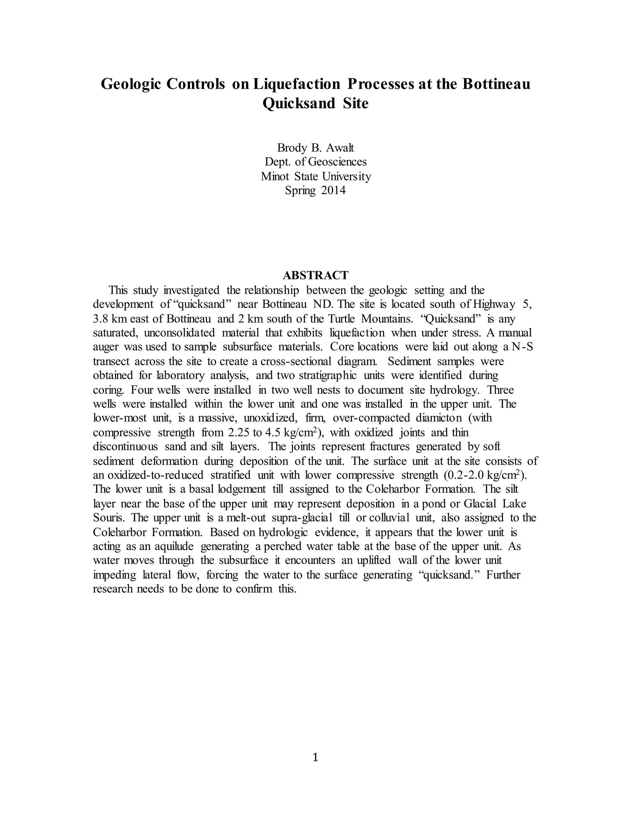 Geologic Controls on Liquefaction Processes at the Bottineau Quicksand