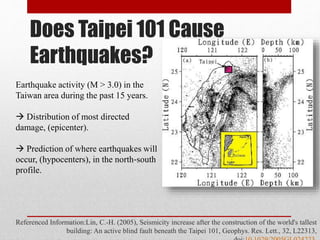 Does Taipei 101 Cause
Earthquakes?
Referenced Information:Lin, C.-H. (2005), Seismicity increase after the construction of the world's tallest
building: An active blind fault beneath the Taipei 101, Geophys. Res. Lett., 32, L22313,
Earthquake activity (M > 3.0) in the
Taiwan area during the past 15 years.
 Distribution of most directed
damage, (epicenter).
 Prediction of where earthquakes will
occur, (hypocenters), in the north‐south
profile.
 