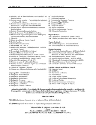 7 de Marzo de 2016 GACETA OFICIAL DE LA CIUDAD DE MÉXICO 11
64. Instituto Local de la Infraestructura Física Educativa del 94. Delegación Iztacalco.
Distrito Federal. 95. Delegación Iztapalapa.
65. Instituto para la Atención y Prevención de las Adicciones 96. Delegación La Magdalena Contreras.
en la Ciudad de México. 97. Delegación Miguel Hidalgo.
66. Instituto para la Integración al Desarrollo de las 98. Delegación Milpa Alta.
Personas con Discapacidad del Distrito Federal. 99. Delegación Tláhuac.
67. Instituto para la Seguridad de las Construcciones en el 100. Delegación Tlalpan.
Distrito Federal. 101. Delegación Venustiano Carranza.
68. Instituto Técnico de Formación Policial. 102. Delegación Xochimilco.
69. Junta de Asistencia Privada del Distrito Federal.
70. Mecanismo de Seguimiento y Evaluación del Programa Órgano Judicial
de Derechos Humanos del Distrito Federal. 103. Consejo de la Judicatura del Distrito Federal.
71. Metrobús. 104. Tribunal Superior de Justicia del Distrito Federal.
72. Planta de Asfalto del Distrito Federal.
73. Policía Auxiliar. Órgano Legislativo
74. Policía Bancaria e Industrial. 105. Asamblea Legislativa del Distrito Federal.
75. PROCDMX, S.A. DE C.V. 106. Auditoría Superior de la Ciudad de México.
76. Procuraduría Ambiental y del Ordenamiento Territorial
del Distrito Federal. Órgano Autónomo
77. Procuraduría Social del Distrito Federal. 107. Comisión de Derechos Humanos del Distrito Federal.
78. Proyecto Metro del Distrito Federal. 108. Instituto de Acceso a la Información Pública y
79. Red de Transporte de Pasajeros del Distrito Federal. Protección de Datos Personales del Distrito Federal.
80. Servicio de Transportes Eléctricos del Distrito Federal. 109. Instituto Electoral del Distrito Federal.
81. Servicios de Salud Pública del Distrito Federal. 110. Junta Local de Conciliación y Arbitraje del DF.
82. Servicios Metropolitanos, S.A. de C.V. 111. Tribunal de lo Contencioso Administrativo del DF.
83. Sistema de Aguas de la Ciudad de México. 112. Tribunal Electoral del Distrito Federal.
84. Sistema de Radio y Televisión Digital del Gobierno del 113. Universidad Autónoma de la Ciudad de México.
Distrito Federal (Capital 21).
85. Sistema de Transporte Colectivo. Partidos Políticos en el Distrito Federal
86. Sistema para el Desarrollo Integral de la Familia del DF. 114. Encuentro Social.
115. MORENA.
Órgano político administrativos 116. Movimiento Ciudadano.
87. Delegación Álvaro Obregón. 117. Nueva Alianza.
88. Delegación Azcapotzalco. 118. Partido Acción Nacional.
89. Delegación Benito Juárez. 119. Partido de la Revolución Democrática.
90. Delegación Coyoacán. 120. Partido del Trabajo.
91. Delegación Cuajimalpa de Morelos. 121. Partido Revolucionario Institucional.
92. Delegación Cuauhtémoc. 122. Partido Verde Ecologista de México.
93. Delegación Gustavo A. Madero
Administración Pública Centralizada: 22; Desconcentrados, Descentralizados, Paraestatales y Auxiliares: 64;
Órgano político administrativos: 16; Órgano Judicial: 2; Órgano Legislativo: 2; Órgano Autónomo: 7; Partidos
Políticos en el Distrito Federal: 9; Total de Entes Obligados: 122.
TRANSITORIOS.
PRIMERO. Publíquese el presente Aviso en la Gaceta Oficial del Distrito Federal.
SEGUNDO. El presente Aviso entrará en vigor al día siguiente de su publicación.
México, Ciudad de México, a 24 de febrero de 2016.
(Firma)
MARIANO FERNÁNDEZ DE JÁUREGUI Y RIVAS
ENCARGADO DE DESPACHO DE LA SECRETARÍA TÉCNICA
 