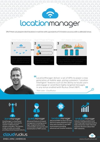 SPoT Point can pinpoint client locations in real time with a granularity of 5-8 meters accuracy with a calibrated venue.
LocationManager deliver a set of APIs to power a new
generation of mobile apps, giving customers “Location
Intelligent” features such as the ability to locate users
and engage or send them highly targeted messages
in any venue enabled with Ruckus Smart WiFi.
Mark Julier - CloudRuckus
“
”
ZoneManager is a cloud based
WLAN controller removing the
need for traditional onsite
wireless controllers. The solution
is fully versatile and scalable
providing enterprise grade features.
Advanced features for guest
management including social
login, targeted advertising,
customisable user journey and
monetisation of WiFi access.
Advanced WiFi location services
that accurately pinpoints in real
time users location in any WiFi
environment, providing
advanced user location analytics.
Industry leading analytics and
reporting engine purpose built to
help enterprises make informed
business decisions about their
WiFi networks.
Onsite Ruckus Infrastructure
1
Raw RF strength and timing
data is collected fromRuckus
Smart Wi-Fi Infrastructure
Cloud or Private SPoTEngine
2
SPoT Location Engine
synthesizes data into usable
location information
SPoT Analytics and Ecosystem
3
The SPoT Engagement API delivers easy
to use, customizable location data as needed
for either theRuckus SPoT Dashboard
or a 3rd party location application
Passive Engine
Active Engine
EMEA | APAC | AMERICAS www.cloudruckus.net
 
