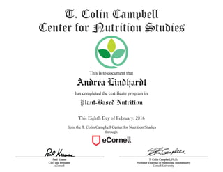 Andrea Lindhardt
Plant-Based Nutrition
This Eighth Day of February, 2016
 