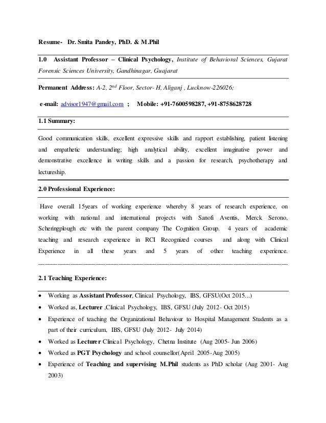 cv clinical psychologist