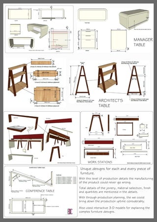 MANAGER
TABLE
ARCHITECT'S
TABLE
WORK STATIONS
CONFERENCE TABLE
Unique designs for each and every piece of
furniture.
With this level of production details the manufacturing
of the product could never go wrong.
Total details of the joinery, material selection, finish
and quantites are mentioned in the details.
With through production planning, the we could
bring down the production uptime considerably.
Also used interactive 3-D models for explaining the
complex furniture designs.
 