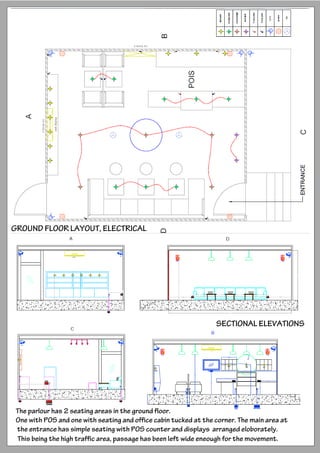 GROUND FLOOR LAYOUT, ELECTRICAL
SECTIONAL ELEVATIONS
The parlour has 2 seating areas in the ground floor.
One with POS and one with seating and office cabin tucked at the corner. The main area at
the entrance has simple seating with POS counter and displays arranged eloborately.
This being the high traffic area, passage has been left wide eneough for the movement.
 