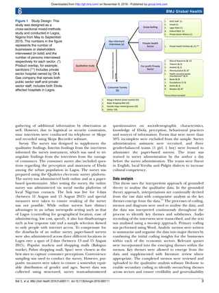 gathering of additional information by observation as
well. However, due to logistical or security constraints,
nine interviews were conducted via telephone or Skype
and recorded using Skype Recorder software.
Survey: The survey was designed to supplement the
qualitative ﬁndings. Interim ﬁndings from the interviews
informed the survey instrument, which was used to tri-
angulate ﬁndings from the interviews from the vantage
of consumers. The consumer survey also included ques-
tions regarding the perception and awareness of Ebola
among the urban population in Lagos. The survey was
prepared using the Qualtrics electronic survey platform.
The survey was administered both online and as a paper-
based questionnaire. After testing the survey, the online
survey was administered via social media platforms of
local Nigerian contacts. The link was live for 4 days
(between 11 August and 15 August 2015) and special
measures were taken to ensure retaking of the survey
was not possible. While online surveys have distinct
advantages in an urban metropolis setting such as that
of Lagos (controlling for geographical location, ease of
administering, low cost, speed), it also has disadvantages
such as low response rate and a sample selection skewed
to only people with internet access. To compensate for
the drawbacks of an online survey, paper-based surveys
were also administered across three different locations in
Lagos over a span of 2 days (between 13 and 15 August
2015). Popular markets and shopping malls (Balogun
market, Palms shopping mall, Spar) were chosen as the
best sites to capture consumer perceptions. Convenience
sampling was used to conduct the survey. However, pur-
posive measures were taken to ensure a somewhat equit-
able distribution of gender and ages. Survey data was
collected using structured, survey team-administered
questionnaires on sociodemographic characteristics,
knowledge of Ebola, perception, behavioural practices
and sources of information. Forms that were more than
50% incomplete were excluded from the sample. Survey
administration assistants were recruited, and three
gender-balanced teams (1 girl, 1 boy) were formed to
administer the paper-based surveys. The team was
trained in survey administration by the author a day
before the survey administration. The teams were ﬂuent
in English, local Yoruba and Pidgin dialects to increase
cultural competence.
Data analysis
This thesis uses the interpretivist approach of grounded
theory to analyse the qualitative data. In the grounded
theory approach, interpretations are continually derived
from the raw data with comparative analysis as the key
themes emerge from the data.21
The processes of coding,
memos and diagrams were used to analyse the data, and
the data was interpreted continuously throughout the
process to identify key themes and subthemes. Audio
recording of the interviews were transcribed, and the text
was analysed using a two-step approach. Primary coding
was performed using Word. Analytic memos were written
to summarise and organise the data into major themes by
combining the initial coding insights for the businesses
within each of the economic sectors. Relevant quotes
were incorporated into the emerging themes within the
memos. Key themes were allowed to emerge from the
data and supplemented with literature review where
appropriate. The completed memos were reviewed and
uploaded to the qualitative analysis software Dedoose to
enable secondary coding to identify overarching themes
across sectors and ensure credibility and generalisability
Figure 1 Study Design: This
study was designed as a
cross-sectional mixed-methods
study and conducted in Lagos,
Nigeria from May to September
2015. The numbers in the figure
represents the number of
businesses or stakeholders
interviewed (in bold) and the
number of persons interviewed
respectively for each sector. (*)
Product overlap, for example,
sanitizers (**) Includes private
sector hospital owned by Oil &
Gas company that serves both
public sector staff and private
sector staff, includes both Ebola
affected hospitals in Lagos.
Bali S, et al. BMJ Glob Health 2016;1:e000111. doi:10.1136/bmjgh-2016-000111 3
BMJ Global Health
group.bmj.comon November 9, 2016 - Published byhttp://gh.bmj.com/Downloaded from
 