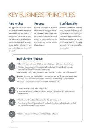6 — Navigos search
Keybusinessprinciples
Partnership
Our approach with all our clients
is a joint venture collaboration.
We work closely with clients to
understand the subtle arbiters
that are required for a long term
successful placement. We invest
time and effort to build win-win
and resilient partnerships with
all clients.
Process
ResearchandProcessareofutmost
importance at Navigos Search.
We follow well defined procedures
with careful documentation of
efforts to enhance efficiencies
and ensure the highest quality
of candidates.
Confidentiality
Wetakeourreputationinthemarket
very seriously and ensure the
highest level of confidentiality for
client and candidate information.
All information is kept secure, with
processes in place for information
access by all employees of the
organization.
1
2
3
4
5
yy Client HR Team will send details of current vacancy to Navigos Search team.
yy Navigos Search team will ensure complete clarity on the Job Description by
approaching Client HR team with questions.
yy On receiving clarity, Navigos Search team will share timelines and initiate search.
yy Market Mapping and screening of Curriculum Vitae (CVs) by Navigos Search team.
Navigos Search team will create initial shortlist after meeting EACH candidate.
yy Navigos Search team will send your team shortlisted CVs.
yy Your team will choose from the shortlist.
yy Your team will send us feedback about rejected CVs so that we can streamline
our screening.
yy Your team will meet candidates to shortlist to the next level.
yy Your team will send Navigos Search feedback about rejected candidates so that
we can further streamline our search.
yy Process will repeat until successful candidate is found.
Recruitment Process
 