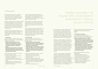 SETTING THE STANDARD 201514 SETTING THE STANDARD 2015 15
knowledge may include accounting, anthropology,
consumer behaviour, economics, government,
politics, planning, history, information technology, law,
management, marketing, philosophy, psychology,
sociology, transport and statistics.
Graduates of a bachelor degree can integrate theoretical
and technical knowledge from a range of disciplines
and bodies of knowledge to solve key problems and
overcome challenges in tourism. For example, assess
the social, economic and environmental impacts of a
proposed tourism development with the guidance of
more senior staff.
In addition, masters graduates can integrate more
advanced disciplinary knowledge in complex contexts.
For example, lead an assessment of the social,
environmental and economic impact of a large tourism
development.
3.	Collaboration
For tourism graduates, this domain involves ways of
effectively working with others in a variety of situations in
the pursuit of common goals.
■	 Bachelor graduates will be able to work
together with key stakeholders to acquire
and convey knowledge and ideas effectively
to achieve shared goals in unambiguous
contexts.
■	 Masters graduates will be able to work together
with diverse stakeholders to integrate complex
knowledge and ideas effectively to achieve shared
goals in ambiguous contexts.
Tasks that demonstrate collaboration might include:
■	 understanding self and others;
■	 identifying and understanding the needs of key
stakeholders in a destination;
■	 communicating ideas verbally and in writing;
■	 engaging with others to solve problems and initiate
change;
■	 negotiating individual and collective interests;
■	 working with suppliers and operators in contexts
ranging from local to global;
Some of the underlying bodies of knowledge that
support application of collaborative skills may include
social psychology, community development, cross-
cultural dimensions, stakeholder theory, communication,
negotiation and conflict resolution.
Bachelor graduates can engage with a limited range
of stakeholders in routine tourism contexts to make
operational decisions. For example, collaborate with
travel suppliers to create a tour itinerary for an existing
market.
In addition, masters graduates can engage with a wide
range of stakeholders in diverse tourism contexts to
make operational and strategic decisions. For example,
collaborate with travel suppliers, inbound and outbound
operators, government, tourism authorities, transport
operators and the local community to plan and create a
tour itinerary for a new market.
4.	Problem solving
For tourism graduates, this domain involves the
application of tools and techniques to make decisions
and solve problems.
■	 Bachelor graduates will be able to apply
cognitive skills to collect, analyse and synthesise
information to develop and evaluate solutions for
straightforward tourism problems.
■	 Masters graduates will be able to apply cognitive,
creative and reflective skills to collect, analyse and
synthesise information to generate, implement
and evaluate new solutions for complex tourism
problems.
Tasks that demonstrate problem solving might include:
■	 identifying the existence of a problem;
■	 conceptualising and defining the problem;
■	 gathering information;
■	 identifying and selecting feasible solutions;
■	 planning and implementing operational and strategic
solutions that optimise the sustainable management
of financial, cultural, technological and physical
resources;
■	 monitoring and evaluating outcomes;
Some of the tools that are used in problem solving
may include economic, environmental and social
impact assessments, balanced scorecards, CSFA
(critical success factor analysis), fishbone diagrams,
mind-mapping, PESTEL (politics, economics, social,
technology, environment, legal), Porter’s Five Forces
Analysis, SWOT (strengths, weaknesses, opportunities,
threats) analysis, and risk and crisis management.
Graduates of a bachelor degree can critically apply
theoretical and technical knowledge and skills to solve
routine tourism management problems. For example,
work under supervision to identify the reasons for
community dissatisfaction in a destination and suggest
strategies to improve community attitudes towards
tourism. In a commercial context, a bachelor graduate
should be able to work under supervision to assess
the financial, economic, social and environmental
sustainability of an existing or proposed tourism
operation.
In addition, a masters graduate can critically apply
advanced theoretical and technical knowledge and
skills to solve emerging and/or advanced tourism
management problems. Solutions should be able to
withstand scrutiny, review and represent viable and highly
effective outcomes. For example, work independently
to design and implement a system for monitoring and
engaging with local communities to prevent negative
community reactions. In a commercial context, a masters
graduate should be able to work independently to
assess the financial, economic, social and environmental
sustainability of an existing or proposed tourism
operation.
5.	Professional responsibility
For tourism graduates, this domain includes
demonstrating reflexivity, mutuality and discernment and
insight in their professional and personal behaviour.
■	 Bachelor graduates will be able to critically
reflect on their own conduct, to improve their own
interpersonal and operational skills and knowledge,
in light of their role in tourism and its impact on the
economy, environment and society.
■	 Masters graduates will be able to critically reflect
on their performance and the performance of
others, and demonstrate initiative and professional
responsibility in dynamic settings, in light of their
role in tourism and its impact on the economy,
environment and society.
Professional responsibility in tourism might be
demonstrated by:
■	 Adaptability, flexibility and resilience;
■	 Initiative, leadership and entrepreneurship;
■	 Professional etiquette and codes of conduct;
■	 Reflection, learning and self-development;
■	 Social and community engagement;
■	 Equity and inclusion, with a clear emphasis on
indigenous issues and perspectives;
■	 Practical wisdom and judgment.
9.1 Tourism continued …
Masters graduates can
engage with a wide range of
stakeholders in diverse
tourism contexts
 