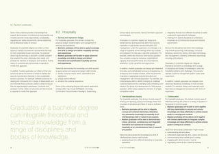 SETTING THE STANDARD 201516 SETTING THE STANDARD 2015 17
Some of the underlying bodies of knowledge that
support demonstration of professional responsibility may
include corporate social responsibility, sustainability,
regulatory and safety requirements, service leadership,
and professional codes of conduct.
Graduates of a bachelor degree can reflect on their
actions to identify and execute improvements that lead
to more sustainable tourism outcomes. For example,
discerning the best way to deal with a simple complaint
that respects the visitor, addresses their needs, and
protects the interests of employers and residents. Further,
reflect on outcomes and demonstrate a capacity to
modify their approach.
In addition, masters graduates can reflect on their own
actions as well as the actions of others to identify and
execute improvements that lead to more sustainable
tourism outcomes. For example, establish protocols for
dealing with complaints from a range of stakeholders and
communicate these protocols clearly to others to ensure
they are appropriately implemented, monitored and
reviewed. Further, reflect on outcomes and demonstrate
a capacity to modify their approach.
9.2	Hospitality
1.	Service and experience design
For hospitality graduates, this domain includes the
practical design, implementation and management of
services and experiences.
■	 Bachelor graduates will be able to apply knowledge
and skills to design and deliver hospitality services
and experiences.
■	 Masters graduates will be able to apply advanced
knowledge and skills to design and deliver
innovative and sophisticated hospitality services
and experiences.
Tasks that demonstrate the knowledge and skills required
to apply service and experience design might include:
■	 assess customer needs, wants, expectations and
satisfaction;
■	 critique service delivery;
■	 enhance the customer experience.
Some of the underlying theories that support application
of these skills may include SERVQUAL (including
Confirmation-Disconfirmation Paradigm), blueprinting,
service failure and recovery, Service Dominant Logic and
servicescapes.
Graduates of a bachelor degree can design and
deliver services and experiences within the economic
imperative of appropriate resource allocation and
management, under the supervision of a manager, in a
range of hospitality service settings which are routinely
encountered in the first year or two after graduation. For
example, review and improve a food-service operation
that considers consumer behaviour, organisational
capacity, financial performance and circumstances,
aesthetics, human dynamics and ergonomics.
In addition, masters graduates can design and implement
innovative and sophisticated services and experiences, in
ambiguous and complex contexts, within the economic
imperative of appropriate resource allocation and
management, with minimal supervision. For example, use
critical analysis skills to identify changing or undefined
customer needs and the underlying costs of meeting such
needs in the design and development of a food-service
operation, which enjoys satisfactory demand, in a highly
competitive market.
2.	Interdisciplinary inquiry
For hospitality graduates, this domain involves ways of
thinking and applying a body of knowledge drawn from
a number of disciplines and fields of study to sufficient
depth.
■	 Bachelor graduates will be able to integrate
a broad and coherent elementary, theoretical
and operational knowledge of hospitality as an
interdisciplinary field of research and practice.
■	 Masters graduates will be able to demonstrate a
critical, advanced, contemporary and integrated
theoretical and operational knowledge of
hospitality as an interdisciplinary field of research
and practice.
Tasks that demonstrate the knowledge and skills of
interdisciplinary inquiry might include:
■	 applying theory from different disciplines to hospitality
operations;
■	 integrating theories from different disciplines to better
understand organisational challenges;
■	 drawing from diverse disciplines to understand
hospitality as a contemporary social and industrial
phenomenon.
Some of the disciplines that inform this knowledge
may include accounting, anthropology, consumer
behaviour, economics, history, information technology,
law, management, marketing, philosophy, psychology,
sociology and statistics.
Graduates of a bachelor degree can integrate
theoretical and technical knowledge from a range
of disciplines and bodies of knowledge to solve key
hospitality problems and challenges. For example,
operate a revenue management system under close
supervision.
In addition, masters graduates can integrate more
advanced disciplinary knowledge in more complex
contexts. For example, design and implement entry-
level revenue management procedures with minimum
supervision.
3.	Collaboration
For hospitality graduates, this domain involves ways of
effectively working with others in a variety of situations in
the pursuit of common goals.
■	 Bachelor graduates will be able to work together
with key stakeholders to acquire and convey
knowledge and ideas effectively to achieve shared
goals in unambiguous contexts.
■	 Masters graduates will be able to work together
with diverse stakeholders to integrate complex
knowledge and ideas effectively to achieve shared
goals in ambiguous contexts.
Tasks that demonstrate collaboration might include:
■	 understanding self and others;
■	 understand organisational aims, culture and structure;
■	 communicating ideas verbally and in writing;
■	 engaging with others to work in teams;
■	 negotiating individual and collective interests.
9.1 Tourism continued …
Graduates of a bachelor degree
can integrate theoretical and
technical knowledge from a
range of disciplines and
bodies of knowledge.
 
