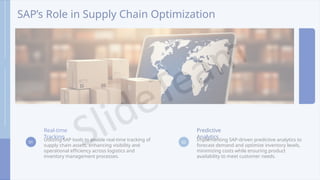 SAP’s Role in Supply Chain Optimization
01
Real-time
Tracking
Utilizing SAP tools to enable real-time tracking of
supply chain assets, enhancing visibility and
operational efficiency across logistics and
inventory management processes.
02
Predictive
Analytics
Implementing SAP-driven predictive analytics to
forecast demand and optimize inventory levels,
minimizing costs while ensuring product
availability to meet customer needs.
 