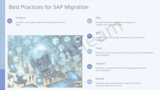 Best Practices for SAP Migration
01
Prepare
Conduct a thorough analysis of existing systems and
data.
02
Plan
Develop a detailed migration strategy and
timeline for implementation.
03
Test
Run pilot tests to identify potential issues before full
migration.
04
Train
Ensure all users are trained on the new system functionalities
and workflows.
05
Support
Establish a support framework for ongoing assistance
post- migration.
06
Review
Regularly assess performance metrics to ensure
business objectives are met.
 
