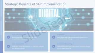 Strategic Benefits of SAP Implementation
01
Cost Efficiency
Reduce overall operational costs through
streamlined processes and automation.
02
Data Integration
Unify data across departments for real-time analytics
and decision-making.
03
Scalability
Easily adapt and scale your business operations as
market demands change.
04
Enhanced Reporting
Generate detailed reports quickly for improved insights
and strategic planning.
 