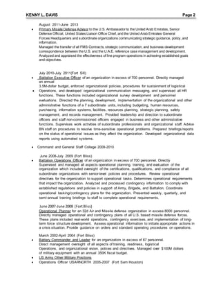 KENNY L. DAVIS Page 2
August 2011-June 2013
 Primary Missile Defense Advisor to the U.S. Ambassador to the United Arab Emirates, Senior
Defense Official, United States Liaison Office Chief, and the United Arab Emirates General
Forces Headquarters and subordinate organizations communicating strategic guidance, policy, and
information.
Managed the transfer of all FMS Contracts, strategic communication, and business development
correspondence between the U.S. and the U.A.E. reference case management and development.
Analyzed and appraised the effectiveness of line program operations in achieving established goals
and objectives.
July 2010-July 2011(Fort Sill)
 Battalion Executive Officer of an organization in excess of 700 personnel. Directly managed
an annual
3.5M-dollar budget, enforced organizational policies, procedures for sustainment of logistical
 Operations, and developed organizational communication messaging, and supervised all HR
functions. These functions included organizational survey development and personnel
evaluations. Directed the planning, development, implementation of the organizational and other
administrative functions of a 7 subordinate units, including budgeting, human resources,
purchasing, information systems, facilities, resources planning, strategic planning, safety
management, and records management. Provided leadership and direction to subordinate
officers and staff non-commissioned officers engaged in business and other administrative
functions. Supervises work activities of subordinate professionals and organizational staff. Advise
BN staff on procedures to resolve time-sensitive operational problems. Prepared briefings/reports
on the status of operational issues as they affect the organization. Developed organizational data
reports using automated systems.
 Command and General Staff College 2009-2010
June 2008-July 2009 (Fort Bliss)
 Battalion Operations Officer of an organization in excess of 700 personnel. Directly
Supervised and managed all aspects operational planning, training, and evaluation of the
organization which included oversight of the certifications, qualifications, and compliance of all
subordinate organizations with senior-level policies and procedures. Review operational
directives for the organization to support operational tasks. Determines operational requirements
that impact the organization. Analyzed and processed contingency information to comply with
established regulations and policies in support of Army, Brigade, and Battalion. Coordinate
operational tasking/contingency plans for the organization. Presented weekly, quarterly, and
semi-annual training briefings to staff to complete operational requirements.
June 2007-June 2008 (FortBliss)
Operational Planner for an 32d Air and Missile defense organization in excess 8000 personnel.
Directly managed operational and contingency plans of all U.S. based missile defense forces.
These plans included real-world operations, contingency exercises, and implementation of long-
term force structure development. Assess operational information to initiate appropriate actions in
a crisis situation. Provide guidance on orders and standard operating procedures on operations.
March 2002-April 2004 (Fort Bliss)
 Battery Commander and Leader for an organization in excess of 87 personnel.
Direct management oversight of all aspects of training, readiness, logistical
Operations, and organizational vision, polices and directives. Managed over $100M dollars
of military equipment with an annual 350K fiscal budget.
 US Army Other Military Positions
 Operations Officer USARNORTH 2005-2007 (Fort Sam Houston)
 
